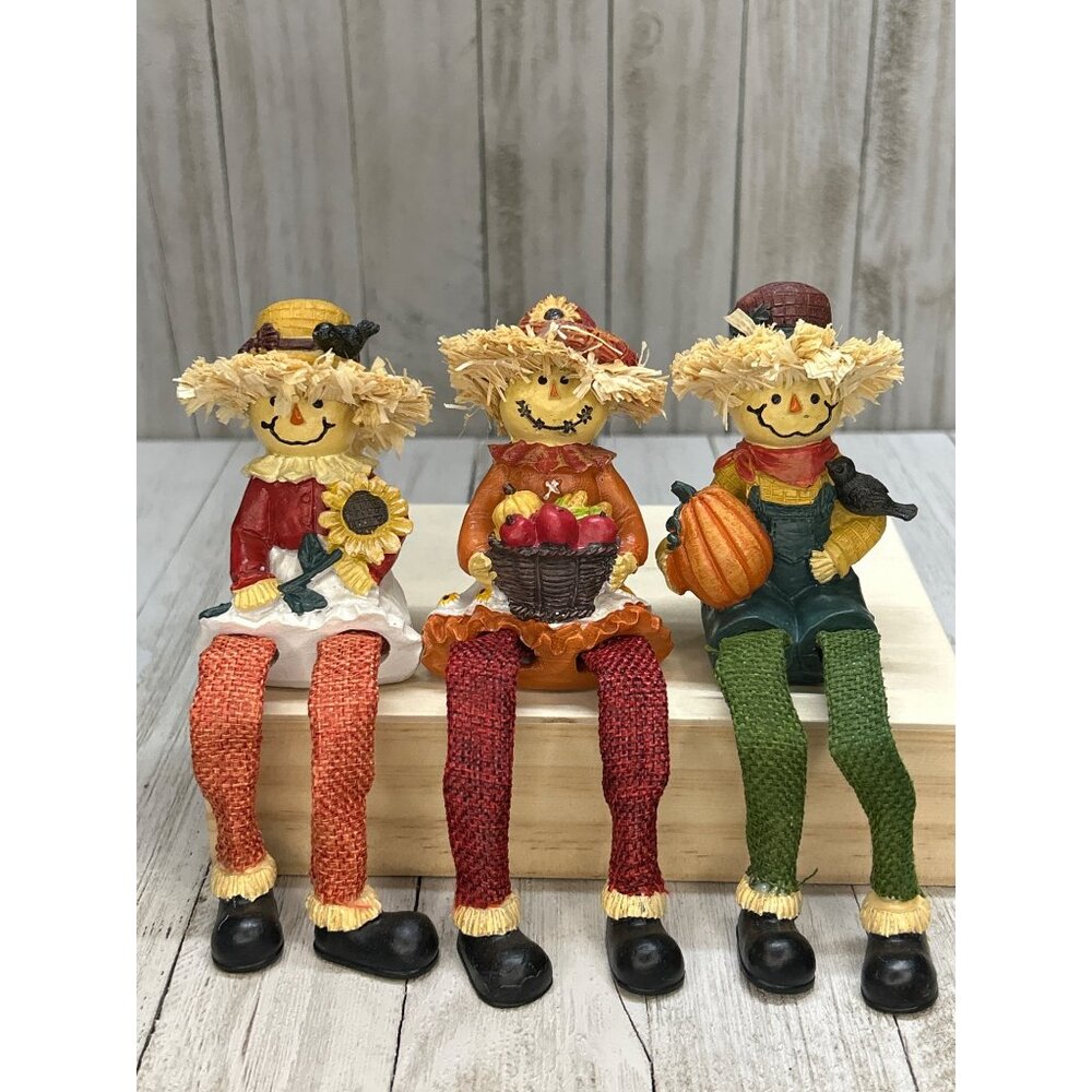 Vintage Set of 3 Scarecrow 6 inches Tall with Pumpkin Sunflower and Basket Hats